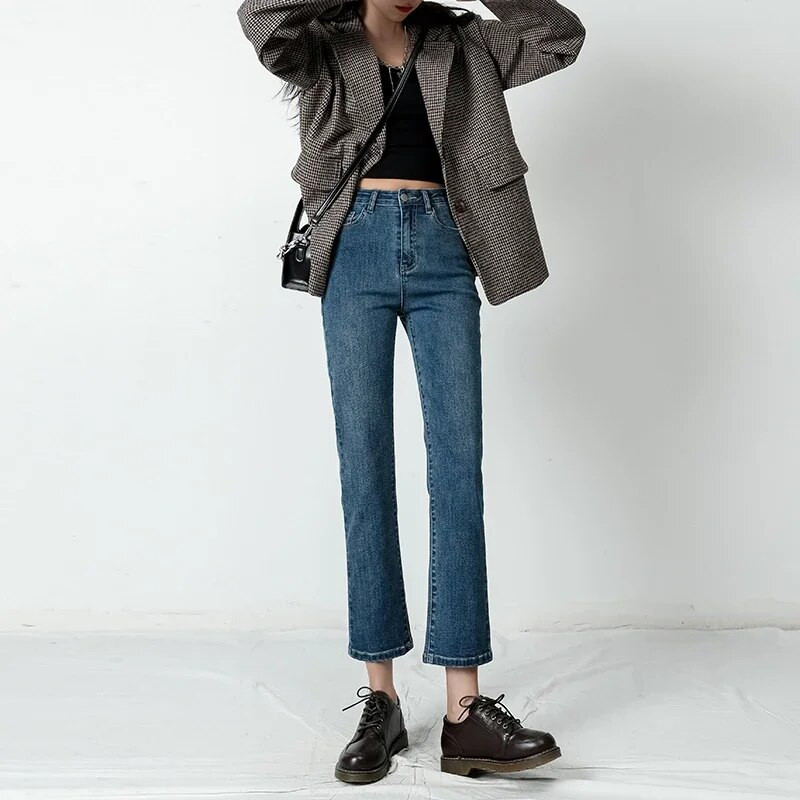 Dámske džínsy ZOENOVA, business, vysoký pás, rovné džínsové nohavice, voľné, ležérne, kórejské vintage dámske nohavice s opaskom, nové