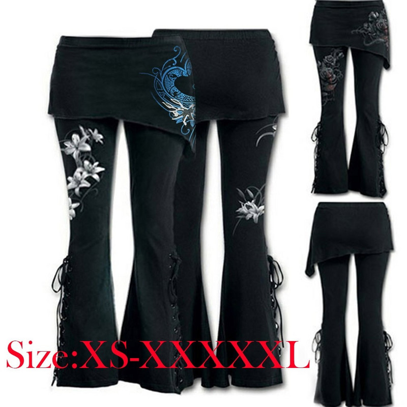 Femei negru brodat casual bandaj evazeare punk cu dantelă leggings cu fundul clopotului vintage buzunare pantaloni solidi de toamnă Y2K