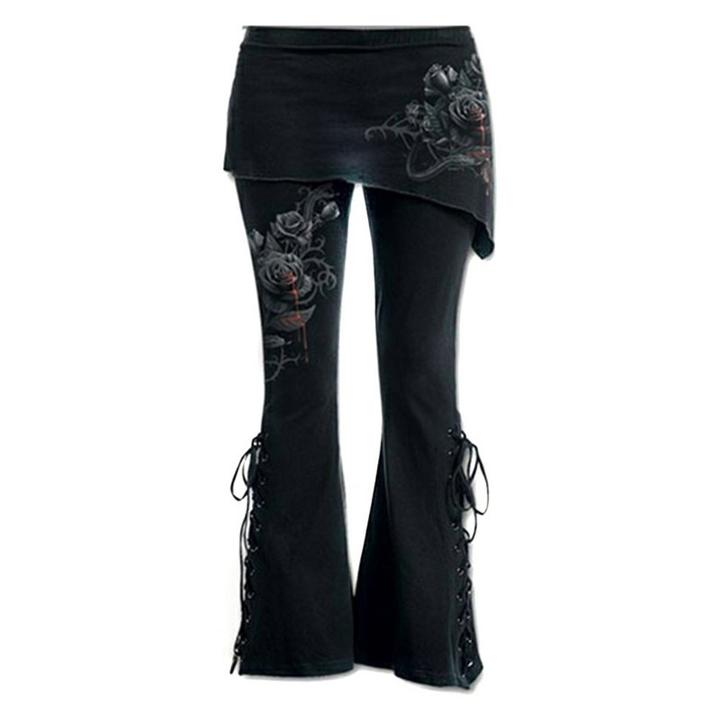 Femei negru brodat casual bandaj evazeare punk cu dantelă leggings cu fundul clopotului vintage buzunare pantaloni solidi de toamnă Y2K