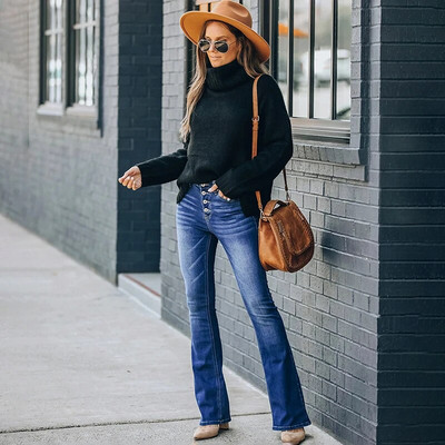 Blugi evazați de damă, cu nasturi, la modă, vintage, elastici, ocazional, pantaloni de denim pentru femei, blugi subțiri cu talie înaltă pentru femei