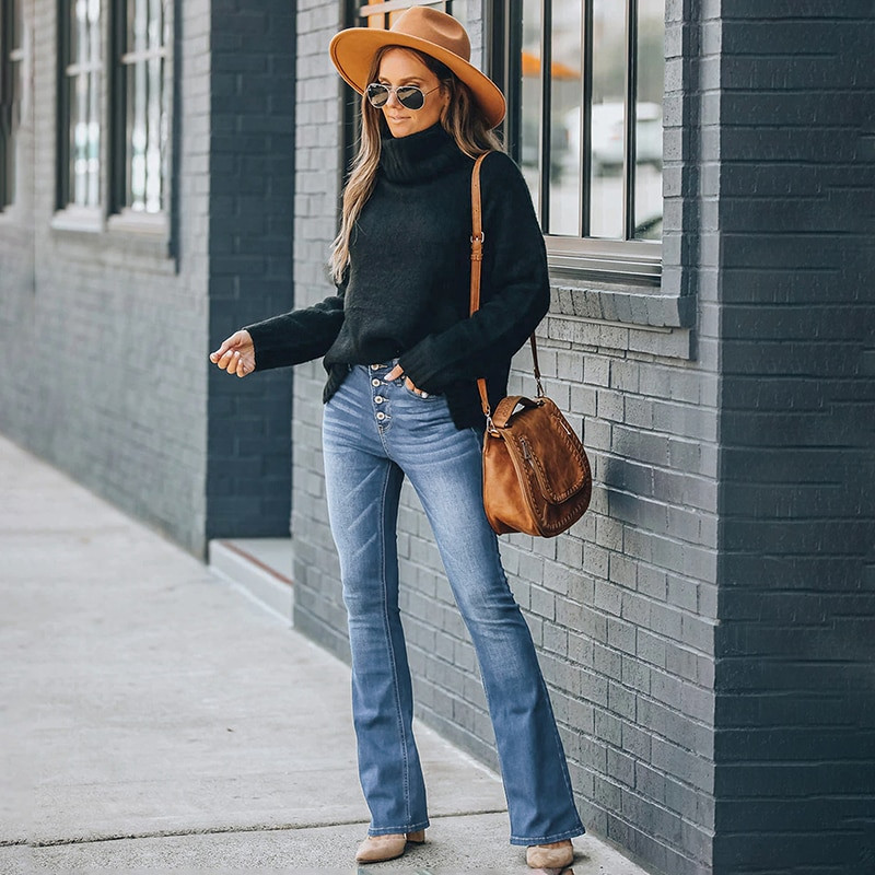 Blugi evazați de damă, cu nasturi, la modă, vintage, elastici, ocazional, pantaloni de denim pentru femei, blugi subțiri cu talie înaltă pentru femei