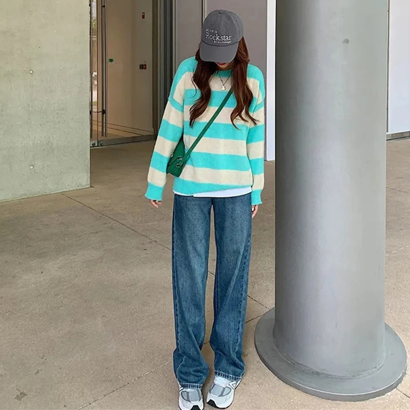 Blugi de damă Y2k Blugi albaștri ocazional pentru femeie, îmbrăcăminte de stradă cu talie înaltă, pantaloni largi, drepți, pantaloni de denim la modă coreeană.