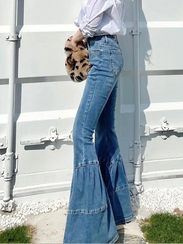 Pantaloni evazați de primăvară și toamnă 2023, de culoare deschisă, pentru femei, retro, cu talie înaltă, cu îmbinare, pantaloni largi, subțiri, cu picioare late, blugi y2k