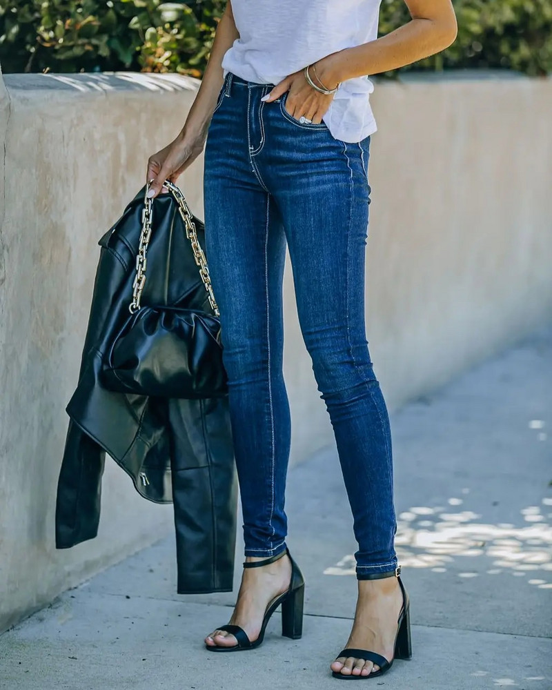 Dámske tmavomodré úzke džínsy s vysokým pásom, jarné, slim fit, ležérne bavlnené džínsové nohavice s ceruzkou, streetwear