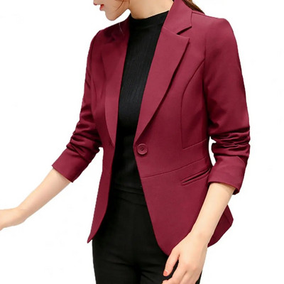 Blazer pentru femei, culoare solidă, cu mânecă lungă, guler răsucit, cu un singur fund, slim fit, haină clasică, pentru birou, jachetă de buzunar pentru femei
