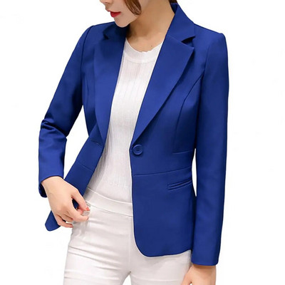 Blazer pentru femei, culoare solidă, cu mânecă lungă, guler răsucit, cu un singur fund, slim fit, haină clasică, pentru birou, jachetă de buzunar pentru femei