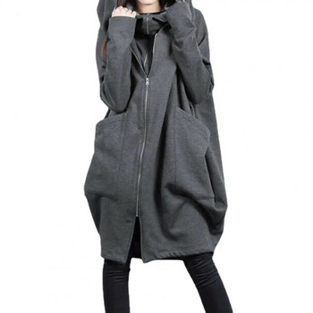 Дамски суитчър с качулка и дълъг ръкав, палто с цип, големи джобове, фалшиво яке от две части, средно дълго яке с качулка