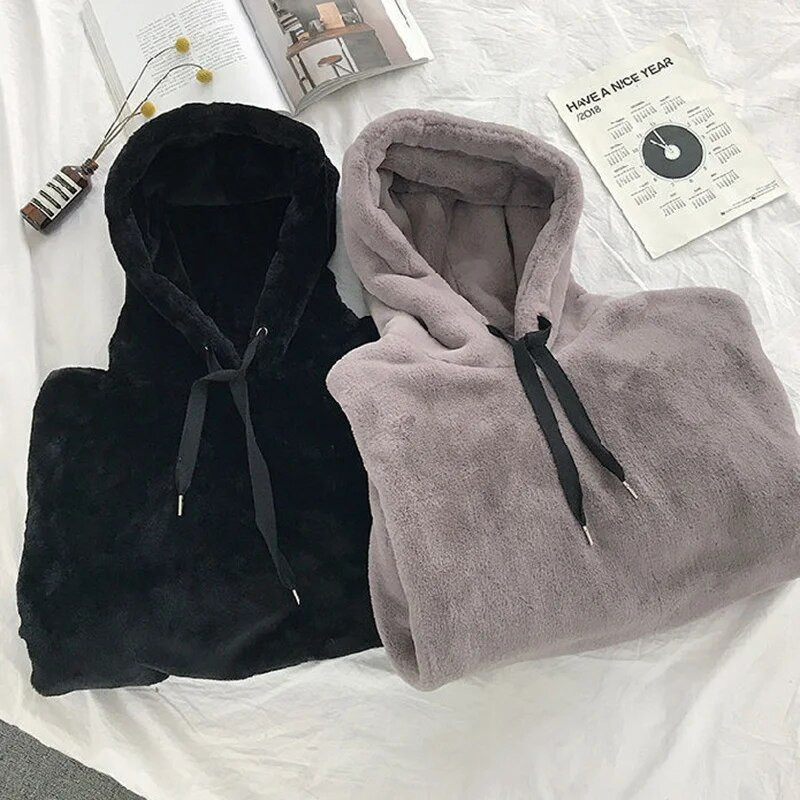 Dámske teplé flísové mikiny s kapucňou 2021 jeseň/zima, zahustená plyšová mikina, jednofarebný voľný ležérny sveter