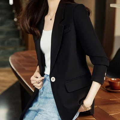 Elegantné sako s gombíkovým zošívaním, jednofarebné, univerzálne, dámske, oblečenie, jeseň 2023, nové, ležérne topy, voľné, kancelárske, dámske saká