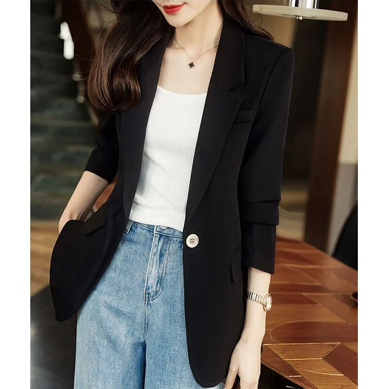 Elegantné sako s gombíkovým zošívaním, jednofarebné, univerzálne, dámske, oblečenie, jeseň 2023, nové, ležérne topy, voľné, kancelárske, dámske saká