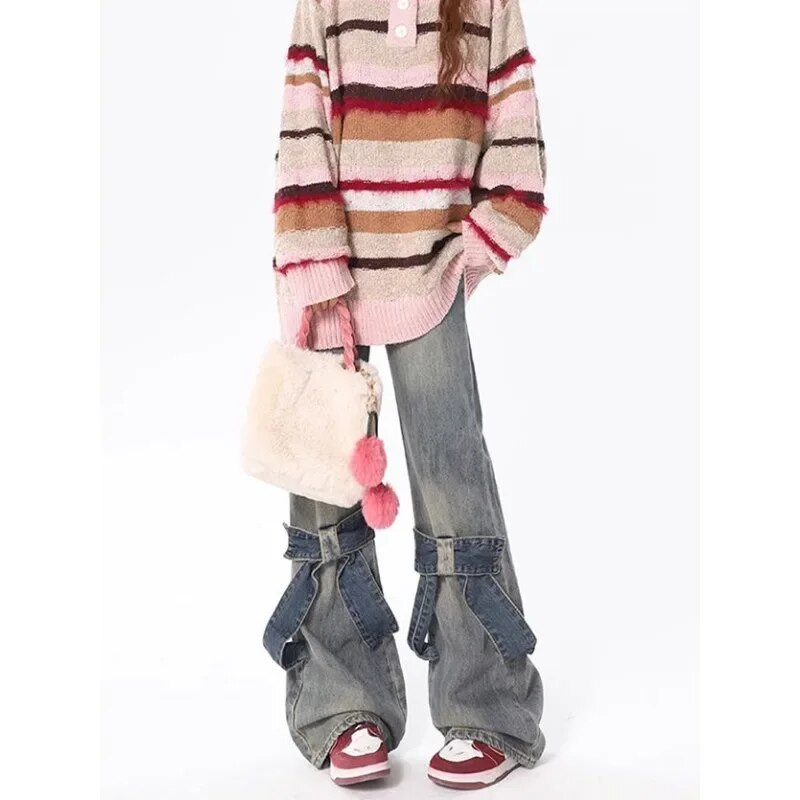 Deeptown Y2k Vintage Flare džínsy Dámske mašľové patchworkové kórejské streetwear Baddies džínsové nohavice Harajuku Móda Gyaru Nohavice Acubi