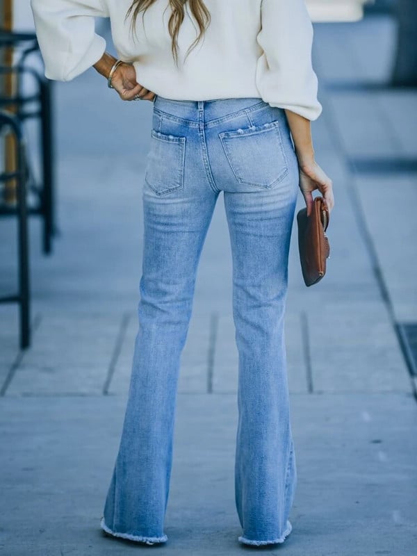 Dámske džínsové nohavice Temperament Simple s vreckami, úzke, vyprané, rozšírené, džínsy s vysokým pásom, super elastické džínsy, dámska móda