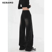 Blugi drepți cu talie înaltă americană, pantaloni negri de damă, ocazional, largi, Y2K, pantaloni din denim, în stil grunge, cu picioare largi