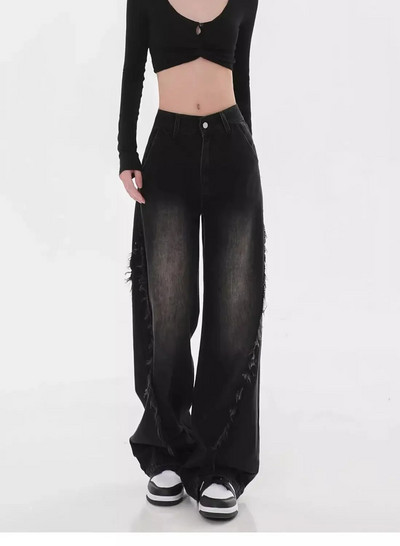 Blugi drepți cu talie înaltă americană, pantaloni negri de damă, ocazional, largi, Y2K, pantaloni din denim, în stil grunge, cu picioare largi