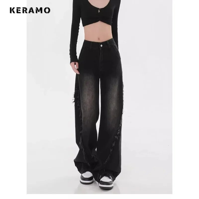 Blugi drepți cu talie înaltă americană, pantaloni negri de damă, ocazional, largi, Y2K, pantaloni din denim, în stil grunge, cu picioare largi