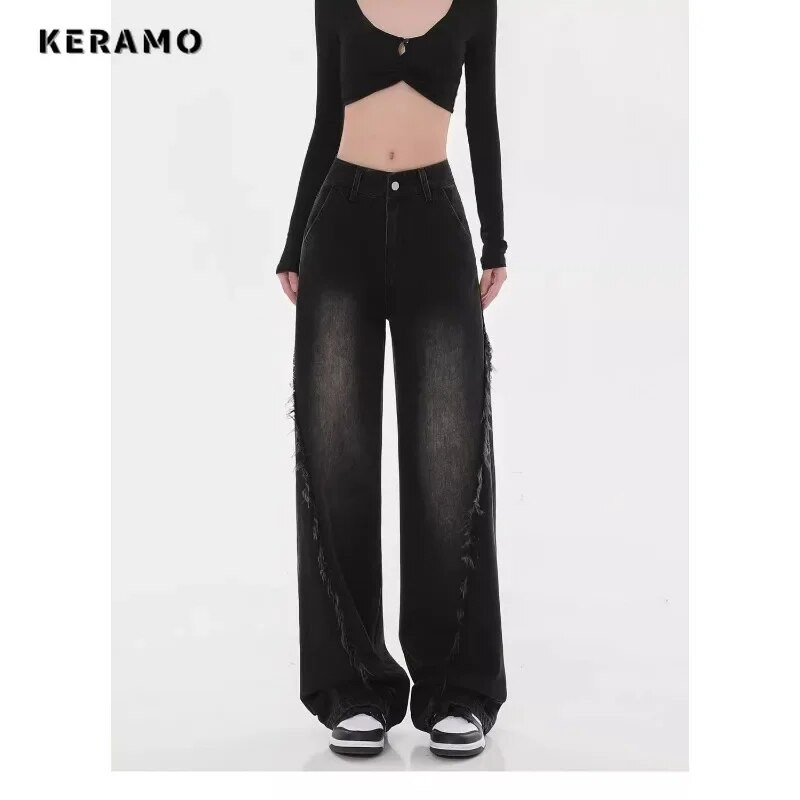 Blugi drepți cu talie înaltă americană, pantaloni negri de damă, ocazional, largi, Y2K, pantaloni din denim, în stil grunge, cu picioare largi