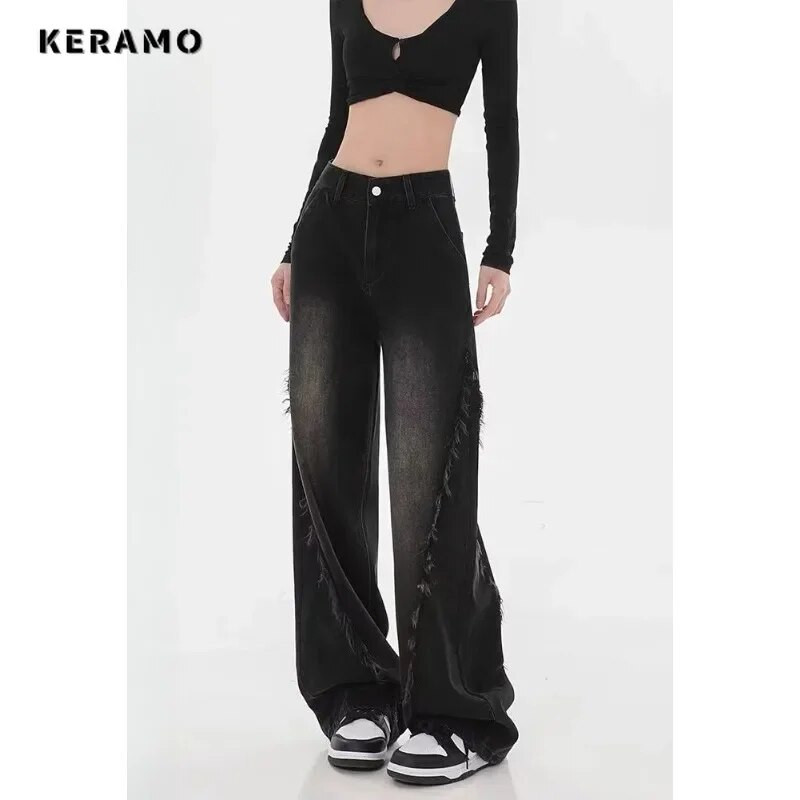 Blugi drepți cu talie înaltă americană, pantaloni negri de damă, ocazional, largi, Y2K, pantaloni din denim, în stil grunge, cu picioare largi