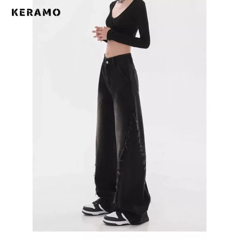 Blugi drepți cu talie înaltă americană, pantaloni negri de damă, ocazional, largi, Y2K, pantaloni din denim, în stil grunge, cu picioare largi