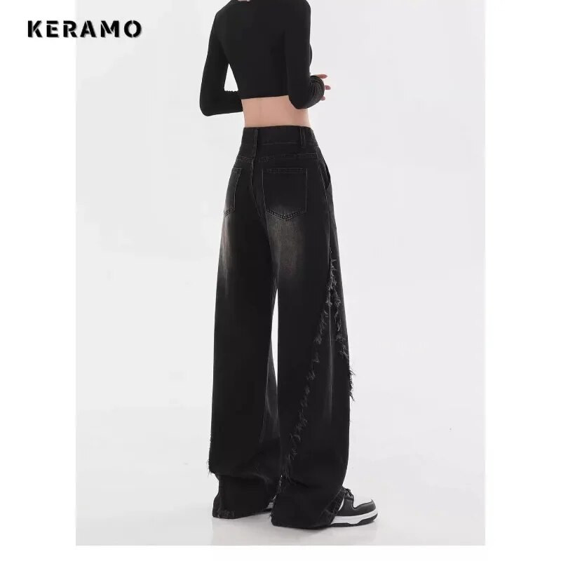 Blugi drepți cu talie înaltă americană, pantaloni negri de damă, ocazional, largi, Y2K, pantaloni din denim, în stil grunge, cu picioare largi