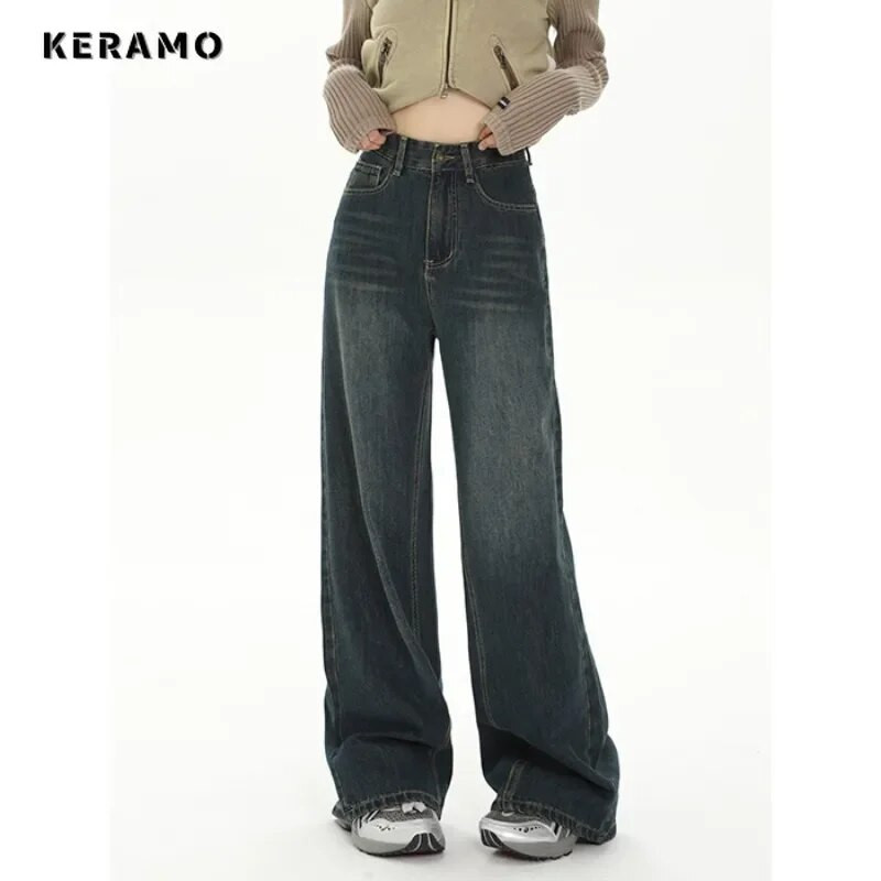 Moda femeilor stil retro Streetwear Jeans drepte cu talie înaltă Pantaloni vintage de lungime întreagă Pantaloni largi Y2K din denim