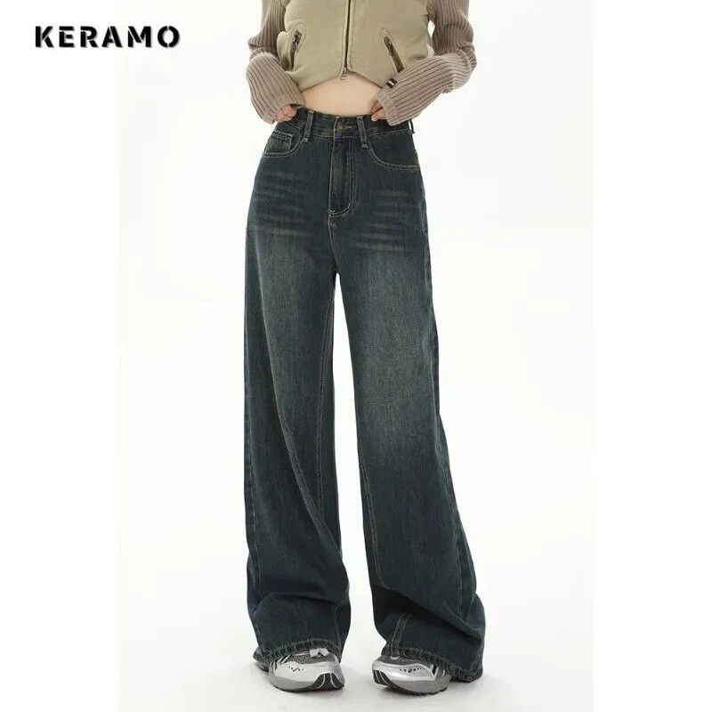 Moda femeilor stil retro Streetwear Jeans drepte cu talie înaltă Pantaloni vintage de lungime întreagă Pantaloni largi Y2K din denim