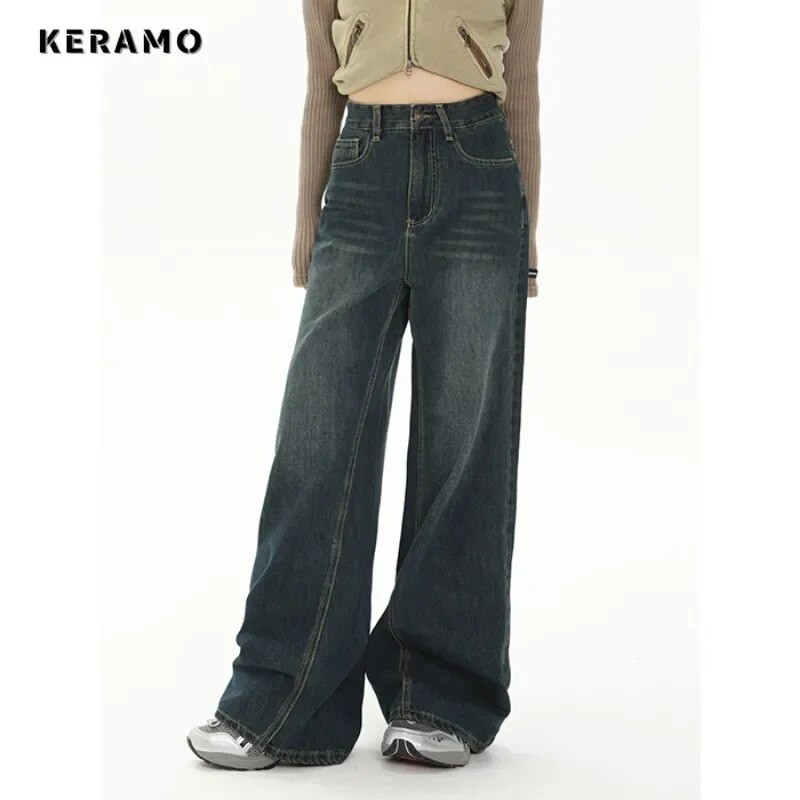Moda femeilor stil retro Streetwear Jeans drepte cu talie înaltă Pantaloni vintage de lungime întreagă Pantaloni largi Y2K din denim