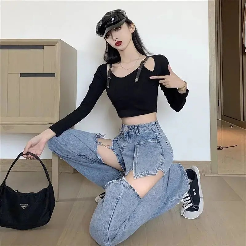 Dámske rovné roztrhané džínsy s odnímateľnými nohavicami, voľné dierované streetwear nohavice s vysokým pásom, dierované džínsy Boyfriend