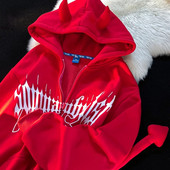 Gotic y2k Dark Little Devil Design cu litere imprimate Cardigan cu glugă Hanorac pentru femei 2022 Streetwear Loose Casual Cuplu Hanorace pentru femei