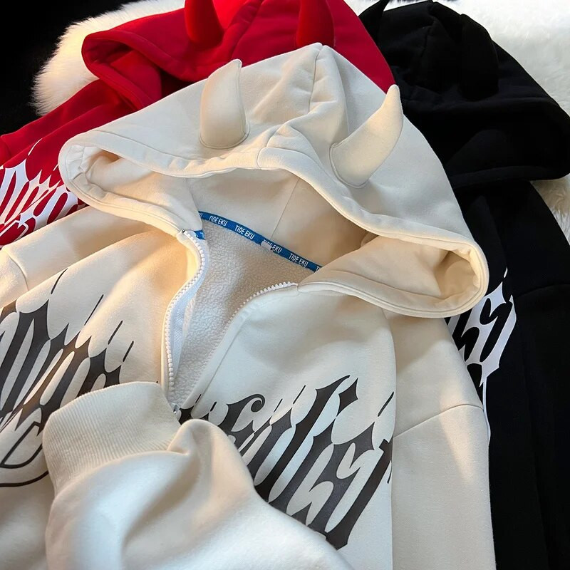 Gotic y2k Dark Little Devil Design cu litere imprimate Cardigan cu glugă Hanorac pentru femei 2022 Streetwear Loose Casual Cuplu Hanorace pentru femei
