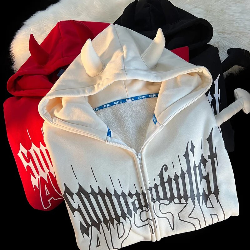 Gotic y2k Dark Little Devil Design cu litere imprimate Cardigan cu glugă Hanorac pentru femei 2022 Streetwear Loose Casual Cuplu Hanorace pentru femei