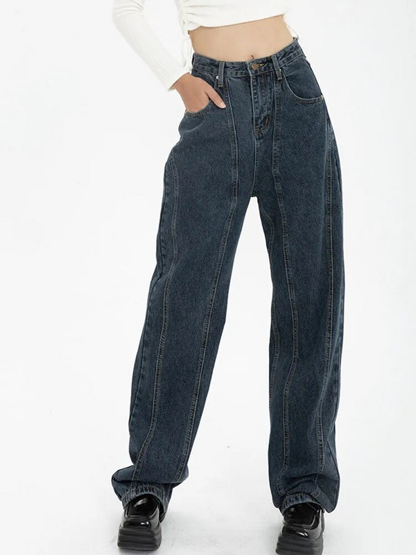 Mina Cumpără blugi amuzanți pentru femei Streetwear Pantaloni casual cu talie înaltă Moda coreeană Blugi drepti albastru închis Pantaloni largi Y2k pentru femei