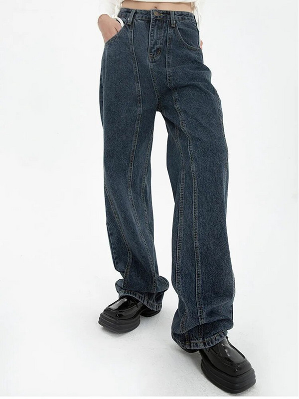 Mina Cumpără blugi amuzanți pentru femei Streetwear Pantaloni casual cu talie înaltă Moda coreeană Blugi drepti albastru închis Pantaloni largi Y2k pentru femei