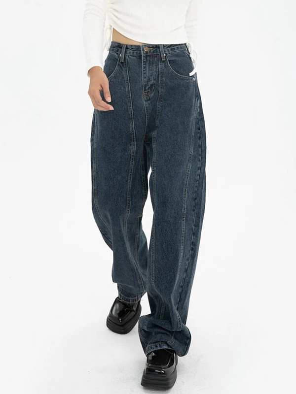 Mina Cumpără blugi amuzanți pentru femei Streetwear Pantaloni casual cu talie înaltă Moda coreeană Blugi drepti albastru închis Pantaloni largi Y2k pentru femei