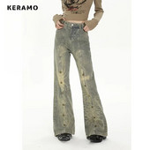 Pantaloni cu talie înaltă cu imprimare ocazională de epocă, blugi drepți, în stil de stradă, pantaloni largi, Y2K, din denim, cu picioare late