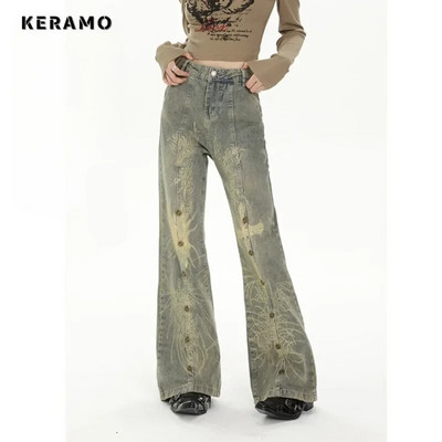 Pantaloni cu talie înaltă cu imprimare ocazională de epocă, blugi drepți, în stil de stradă, pantaloni largi, Y2K, din denim, cu picioare late