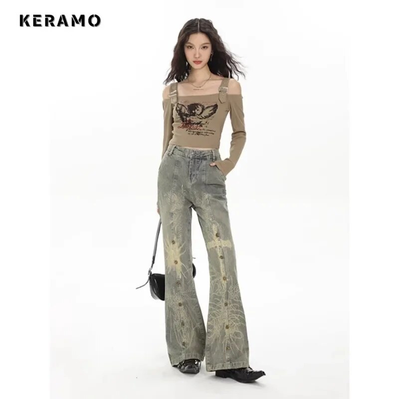 Pantaloni cu talie înaltă cu imprimare ocazională de epocă, blugi drepți, în stil de stradă, pantaloni largi, Y2K, din denim, cu picioare late