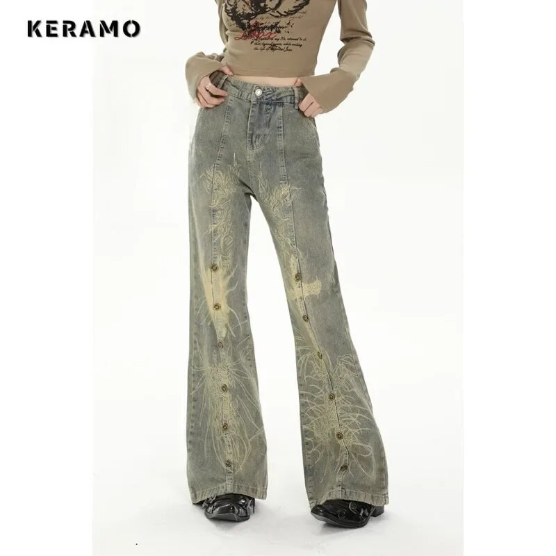 Pantaloni cu talie înaltă cu imprimare ocazională de epocă, blugi drepți, în stil de stradă, pantaloni largi, Y2K, din denim, cu picioare late