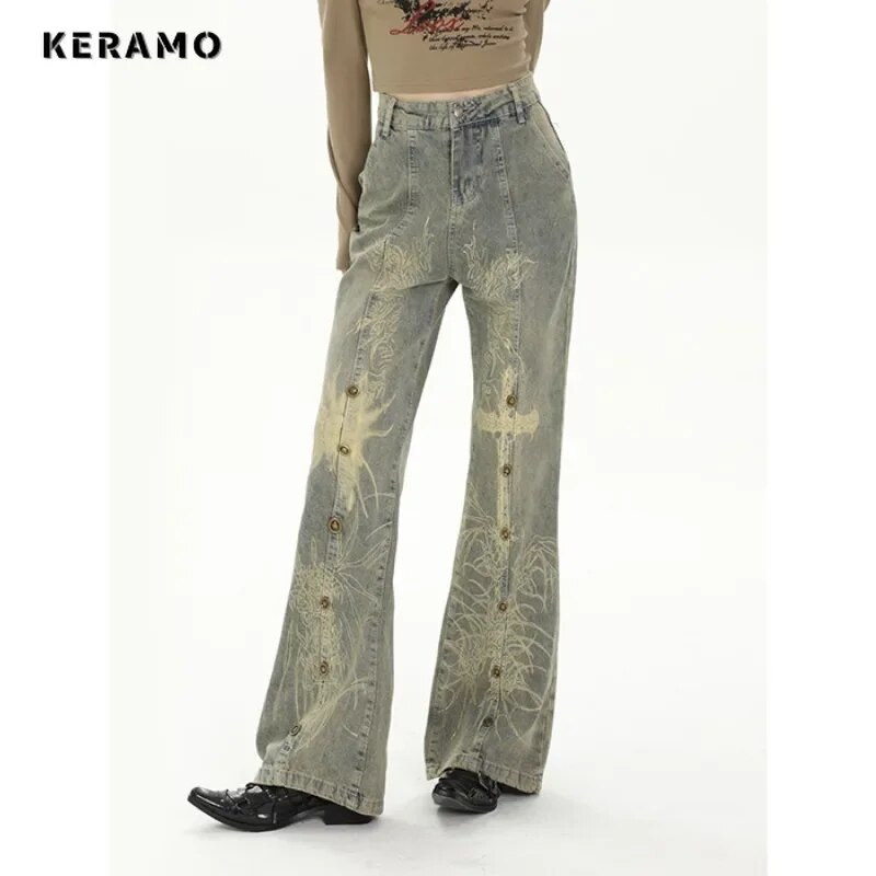 Pantaloni cu talie înaltă cu imprimare ocazională de epocă, blugi drepți, în stil de stradă, pantaloni largi, Y2K, din denim, cu picioare late