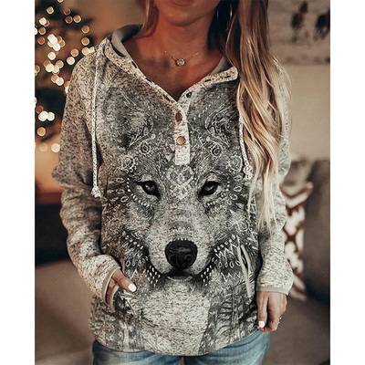 Wolf Hoodie Дамски есенни модни извънгабаритни качулки Vintage Sweats Палто за момичета Дамски суичър Палто Пуловер с качулка Анцуг с бухал