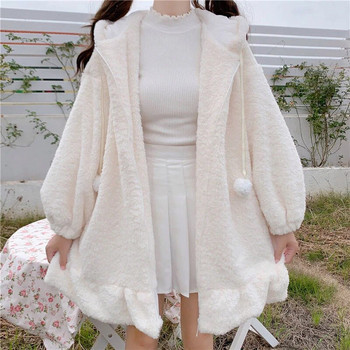 Γυναικεία φθινοπωρινή χειμερινή μπλούζα Harajuku Kawaii Rabbit Ear Hooded Φούτερ με κουκούλα με κουκούλα με φαρδύ μακρύ βολάν στρίφωμα με φλις κουκούλα Χαριτωμένα, ζεστά ρούχα στο δρόμο με φερμουάρ