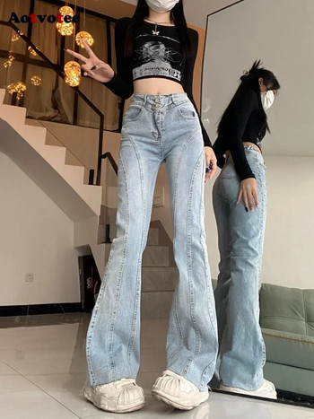 Aotvotee Spliced Jeans for Women 2023 Ежедневни широки панталони с висока талия Vintage Streetwear Fashion Solid Chic Flare Denim Pants