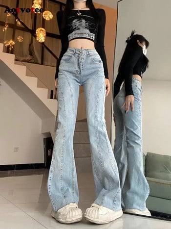 Aotvotee Spliced Jeans for Women 2023 Ежедневни широки панталони с висока талия Vintage Streetwear Fashion Solid Chic Flare Denim Pants