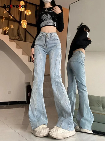 Aotvotee Spliced Jeans for Women 2023 Ежедневни широки панталони с висока талия Vintage Streetwear Fashion Solid Chic Flare Denim Pants