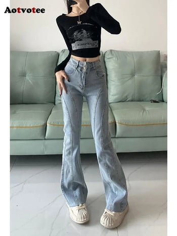 Aotvotee Spliced Jeans for Women 2023 Ежедневни широки панталони с висока талия Vintage Streetwear Fashion Solid Chic Flare Denim Pants