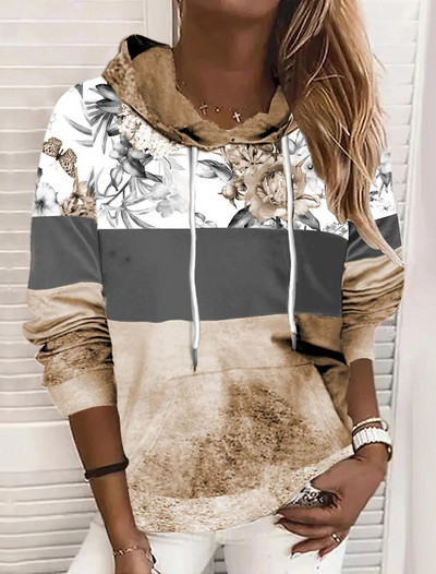 Cămașă Gaunt pentru femei cu imprimeu retro Flower Element, toamnă, nouă, cu glugă, cu buzunar, Sweatshin Greeds Code, jachetă pentru femei