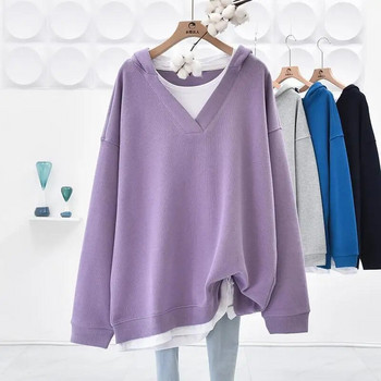 Пролет Есен Овърсайз дамско облекло V-образно деколте с дълъг ръкав Фалшиви пуловери от две части Корейска ежедневна тениска със средна дължина Motion