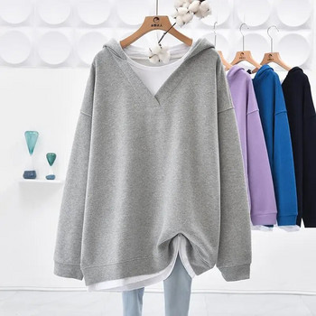 Пролет Есен Овърсайз дамско облекло V-образно деколте с дълъг ръкав Фалшиви пуловери от две части Корейска ежедневна тениска със средна дължина Motion
