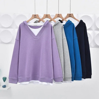 Ανοιξιάτικα φθινοπωρινά γυναικεία ρούχα Oversize με λαιμόκοψη V μακρυμάνικο Fake πουλόβερ δύο τεμαχίων Κορεάτικο μπλουζάκι casual με κίνηση μεσαίου μήκους