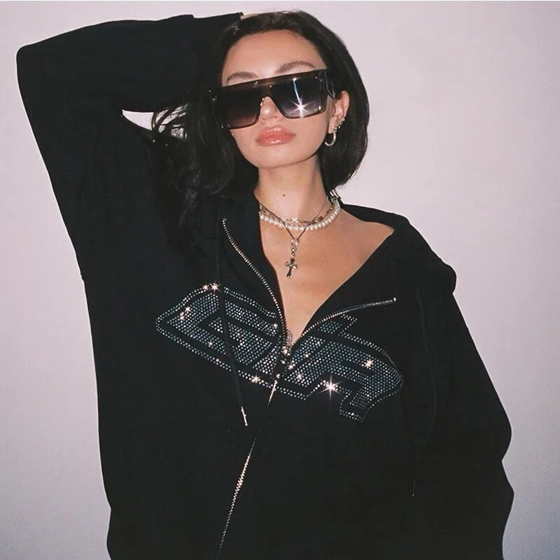 Dámska mikina s kapucňou Y2k s kamienkami, bunda, kabát 2023, gotická mikina s kapucňou Harajuku, dámska streetwear mikina s kapucňou na zips, grunge mikina
