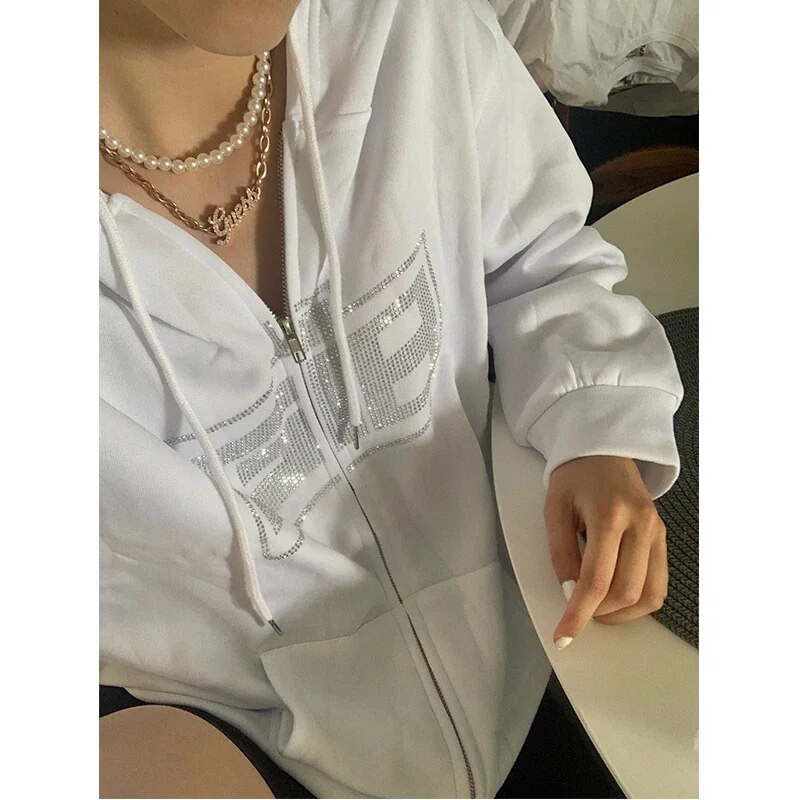 Dámska mikina s kapucňou Y2k s kamienkami, bunda, kabát 2023, gotická mikina s kapucňou Harajuku, dámska streetwear mikina s kapucňou na zips, grunge mikina